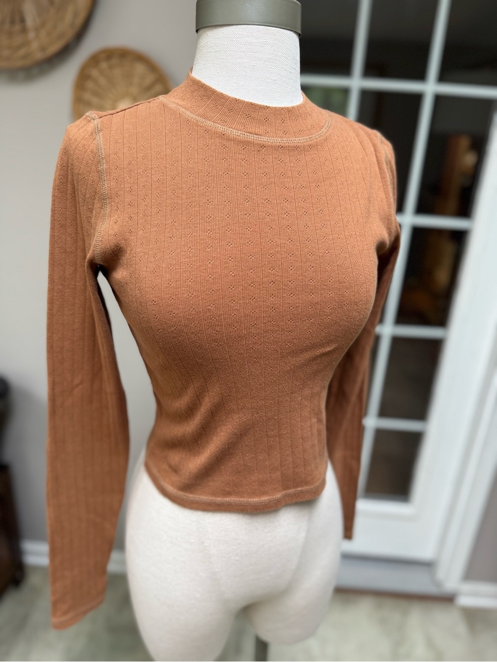 NWT American Eagle Outfitters Long-Sleeve Ribbed Crewneck Top - Burnt Orange